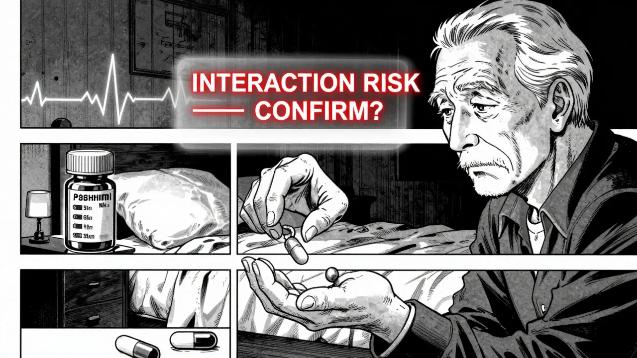 Older man hesitating at night with pill bottles, a digital warning overlay glowing in the dark.