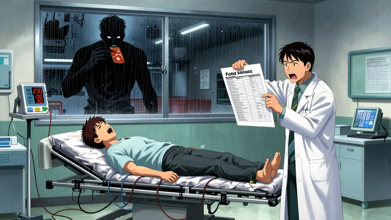 Patient in ER with skyrocketing blood pressure reading, pharmacist holding food safety chart, rain streaking the window.