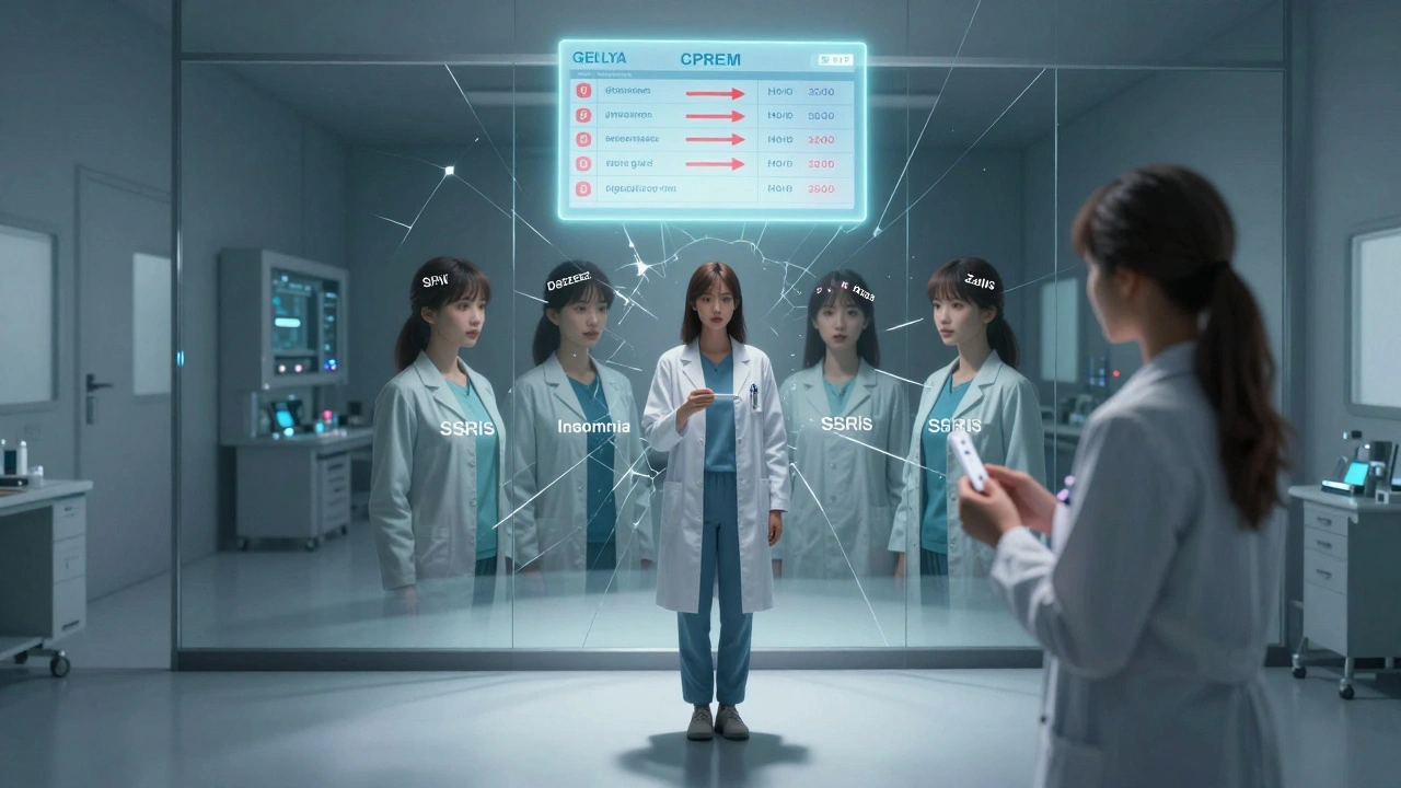 Patient in lab holding genetic test, shadow reflecting five versions of themselves with different SSRI side effects.