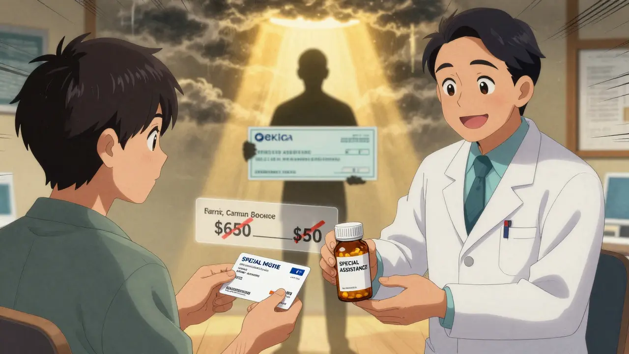 Patient receives discounted medication with help from pharmacist and manufacturer co-pay card.