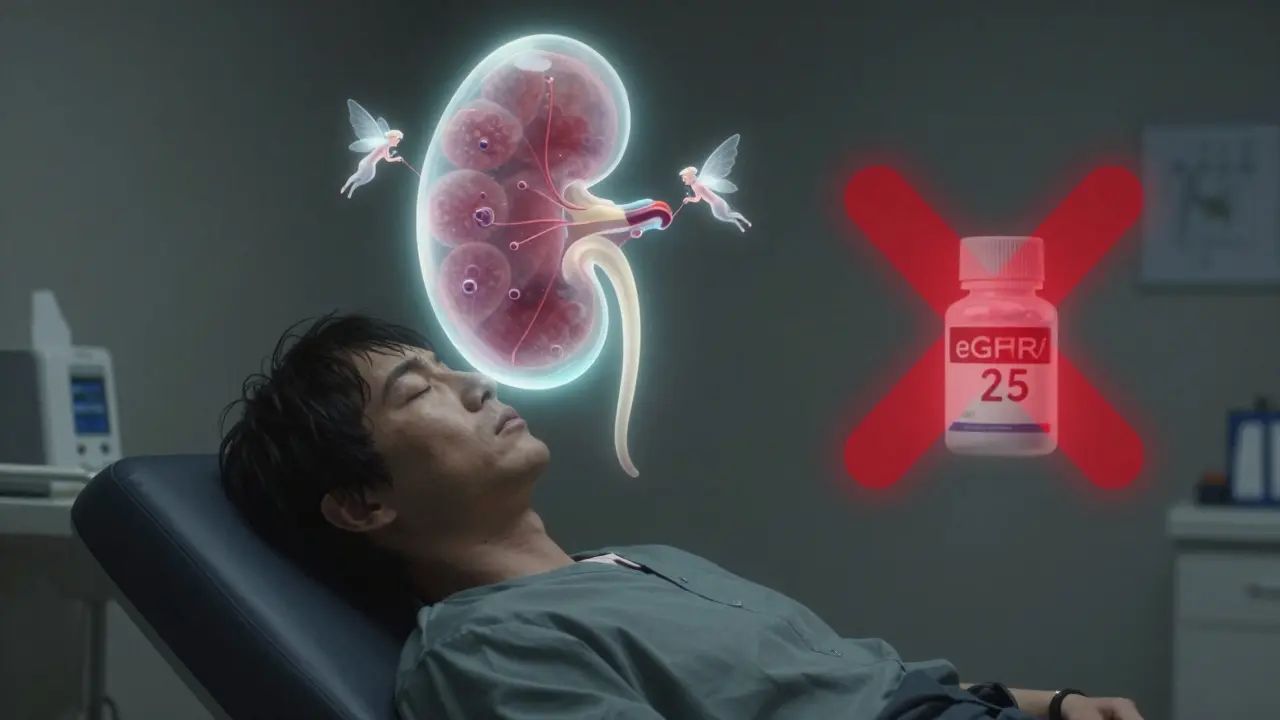 Patient with glowing kidney protected by winged SGLT2 inhibitors, metformin bottle marked with fading X.