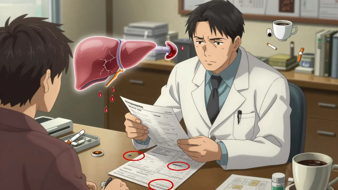 Pharmacist reviewing medication list with red warnings around drugs that interfere with theophylline.