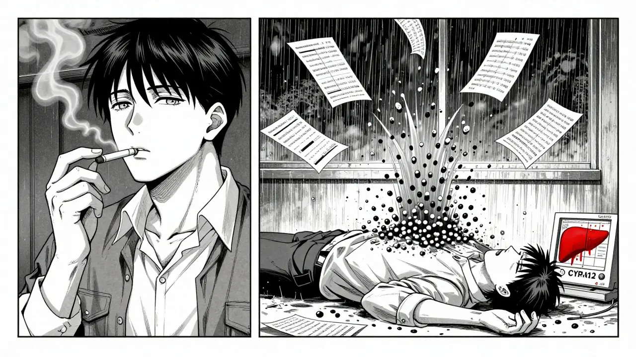 Split image: smoker with stable levels vs. same man collapsed after quitting, liver enzyme failing.