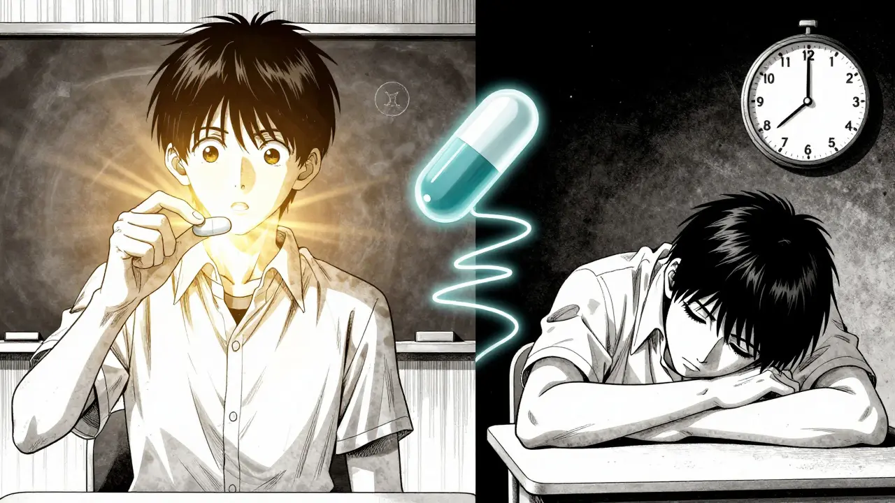 Split-panel anime scene: immediate-release pill boosts focus, while extended-release leads to fatigue, shown in stark monochrome tones.