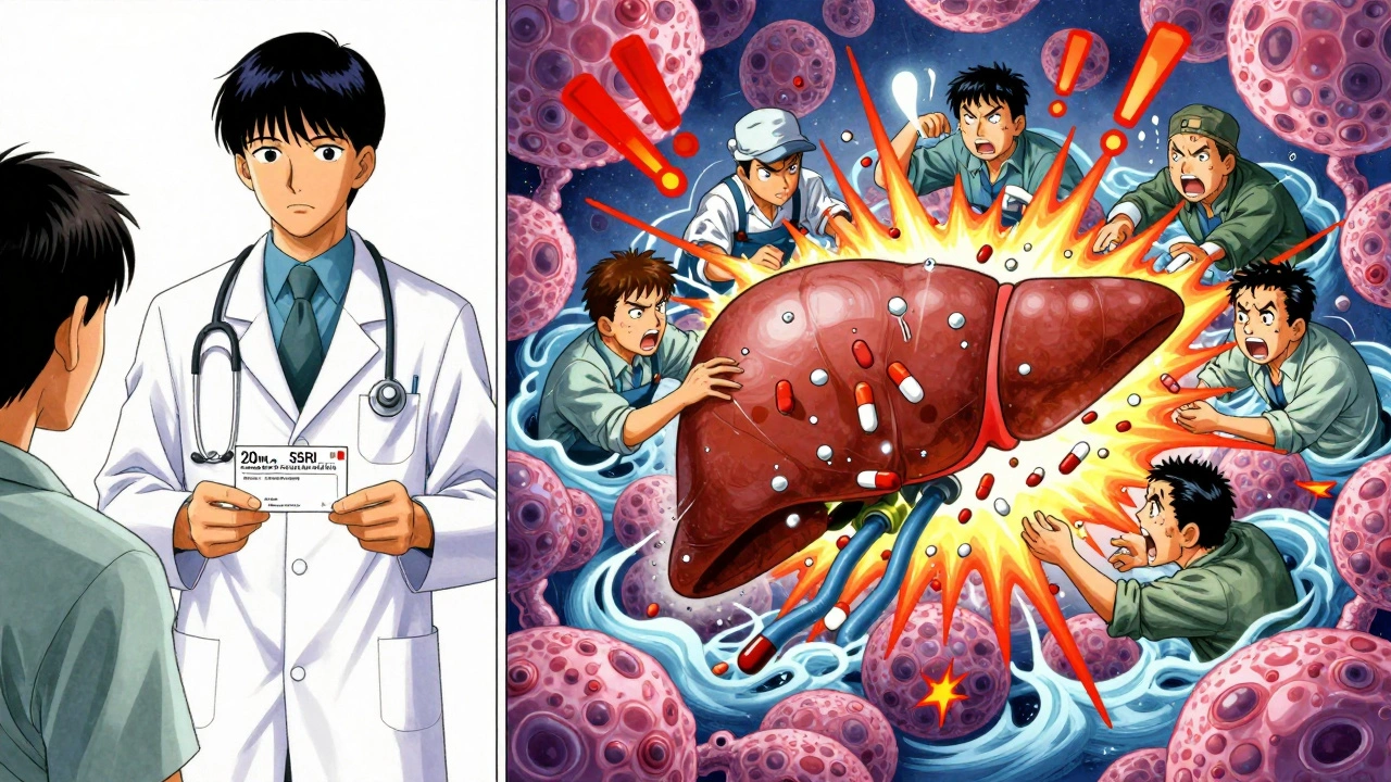 Split scene: doctor prescribing standard SSRI dose vs. microscopic liver enzymes overwhelmed by pills.