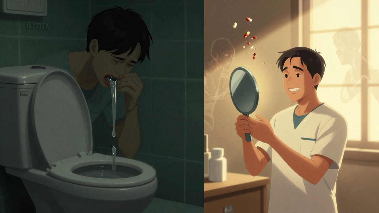 Split scene: one side shows nausea after medication, the other shows successful weight loss with older pills disappearing.