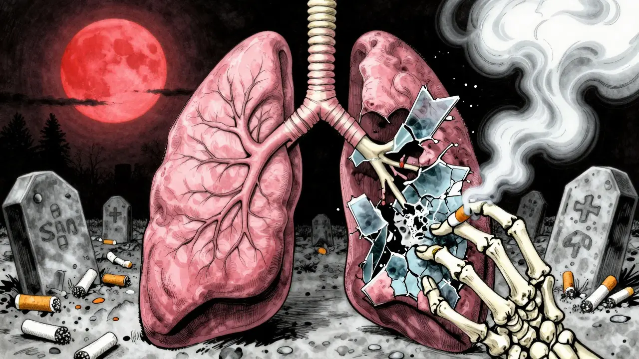 Surreal comparison of healthy and collapsed lung, cigarette smoke forming skeletal hands pulling lung apart, symbolic decay.