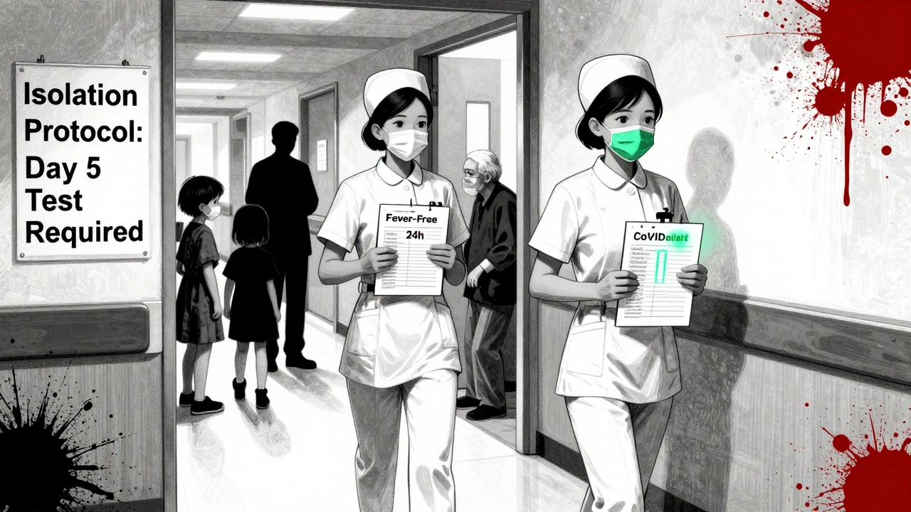Two nurses walk past an isolation sign, holding charts for flu and COVID patients in a hospital corridor.