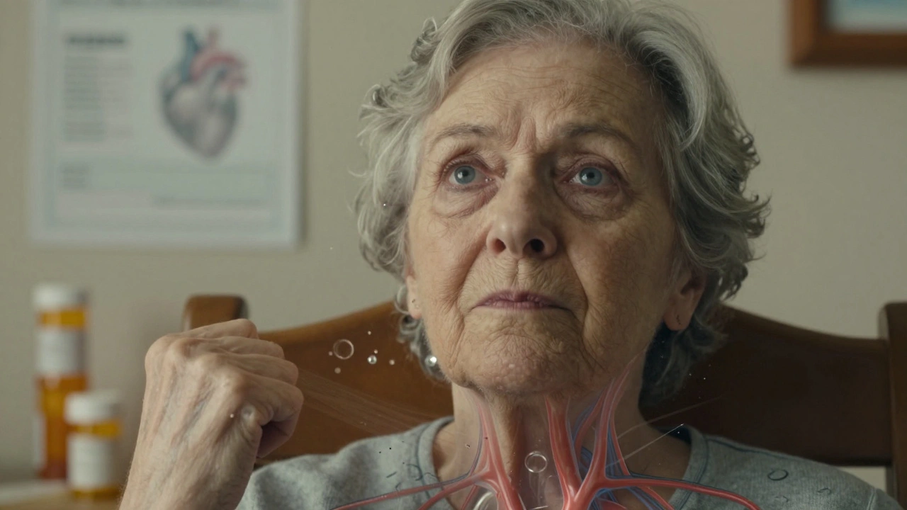 Woman standing up, vision distorting with geometric blurs as internal systems fail under medication effects.