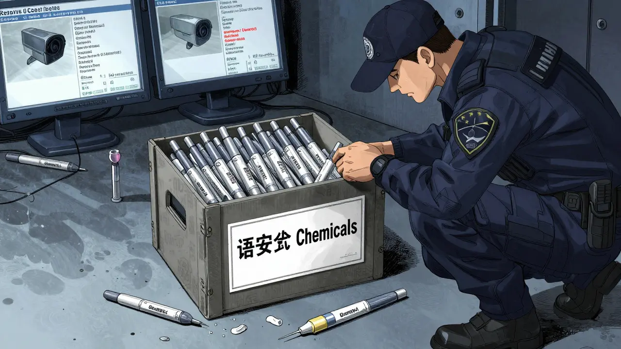 A customs agent inspecting crates of fake Ozempic pens with perfect labels but hollow contents.