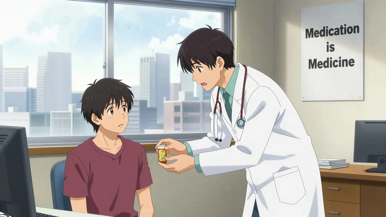 A doctor offers a pill bottle to a patient in a clinic, with a 'Medication is Medicine' poster on the wall.