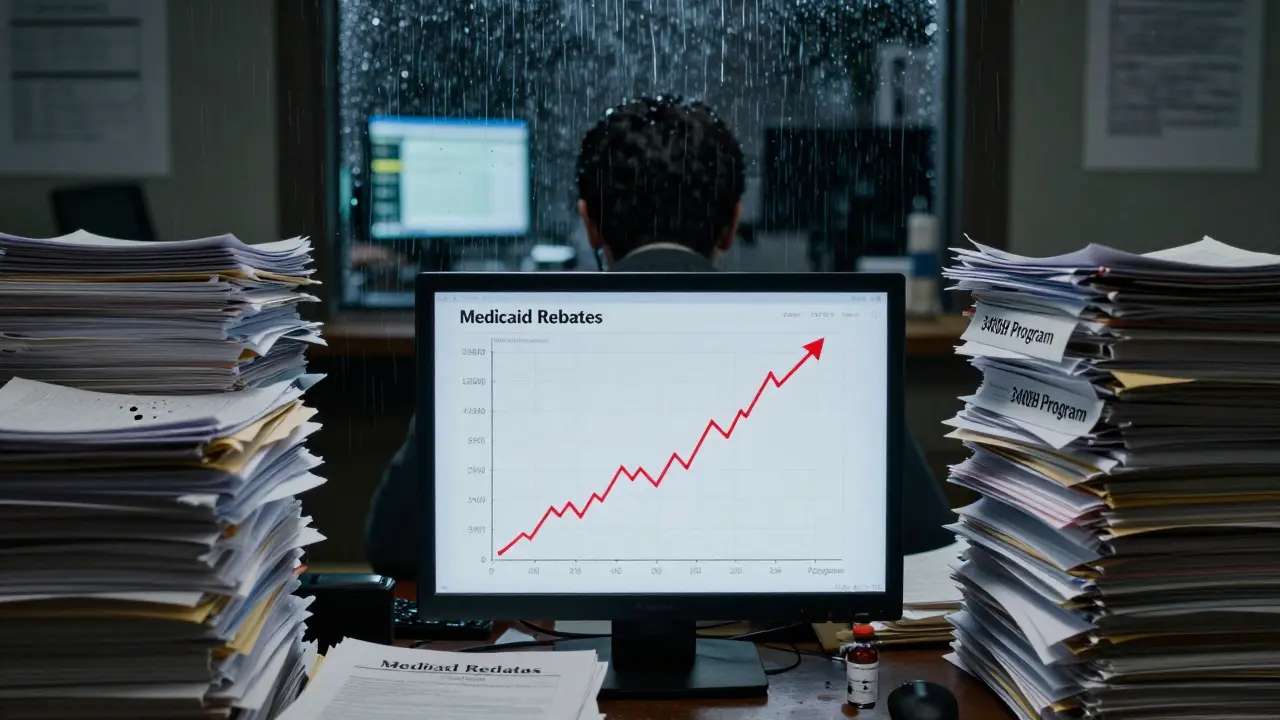 A federal analyst in a dim office surrounded by documents and a soaring graph showing a drug price spike.
