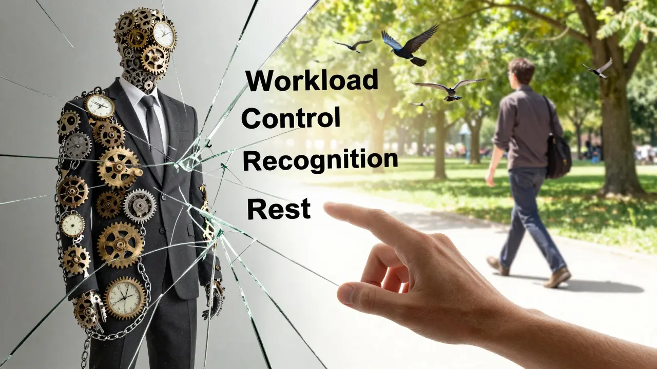A fractured mirror showing a trapped worker versus a free one, with words like 'Workload' and 'Rest' floating between them.