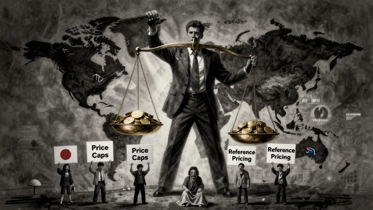 A giant pharmaceutical figure towers over a world map, balancing profit against suffering patients.