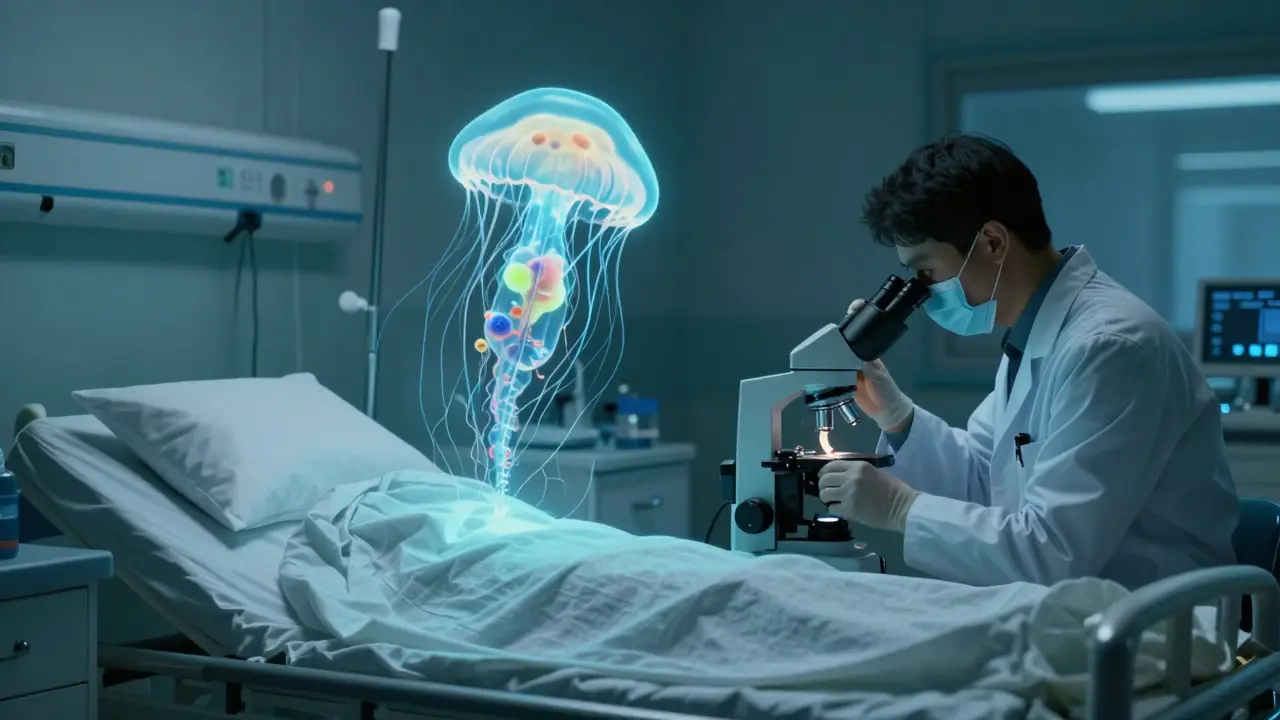 A glowing drug-resistant fungal organism floating in a dim hospital room beside medical equipment.