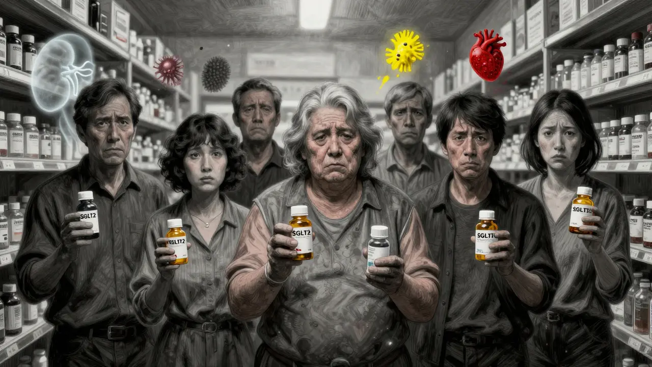 A group of patients in a pharmacy holding SGLT2 inhibitor bottles, with ghostly heart, kidney, and infection symbols hovering around them.