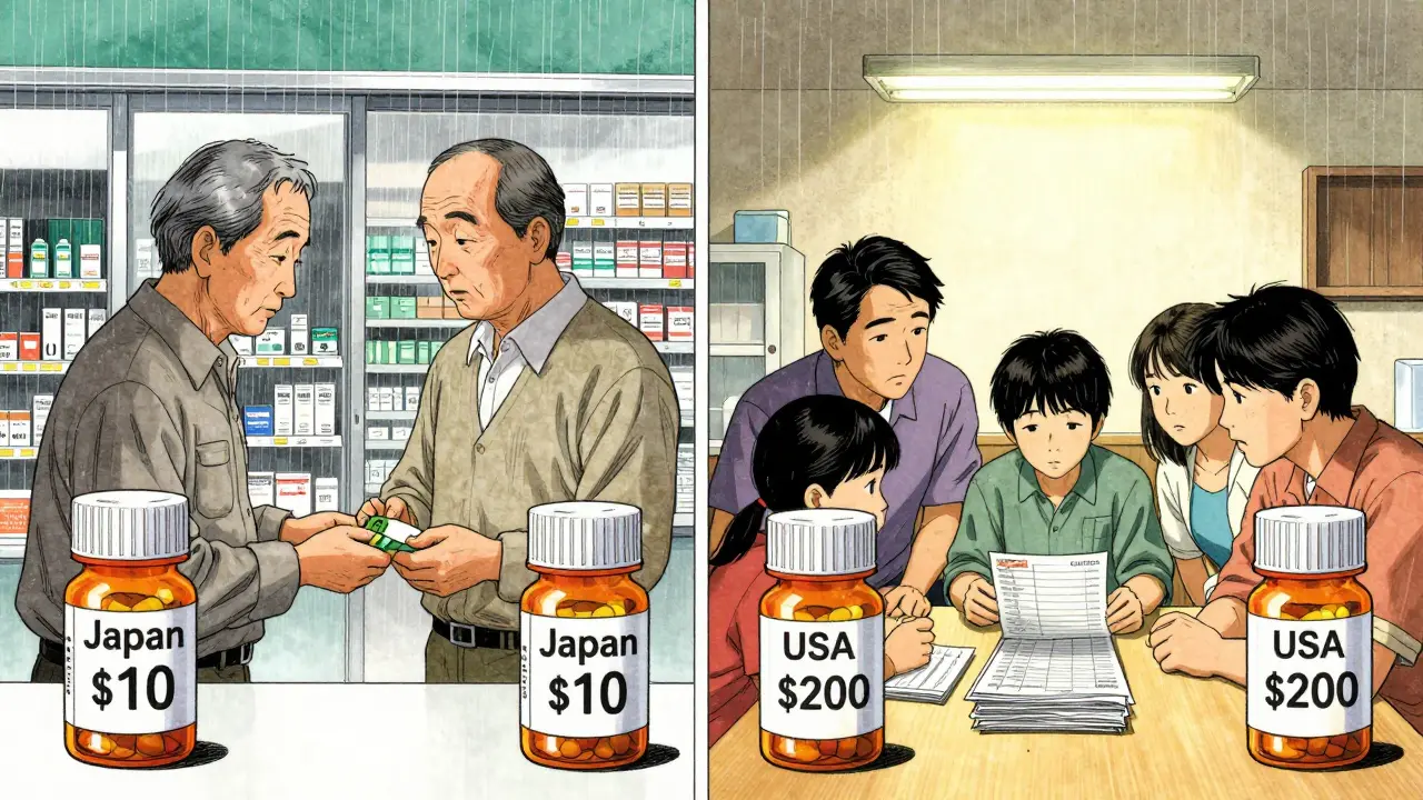 A Japanese senior pays  for medicine while a U.S. family stares at medical bills under harsh light.