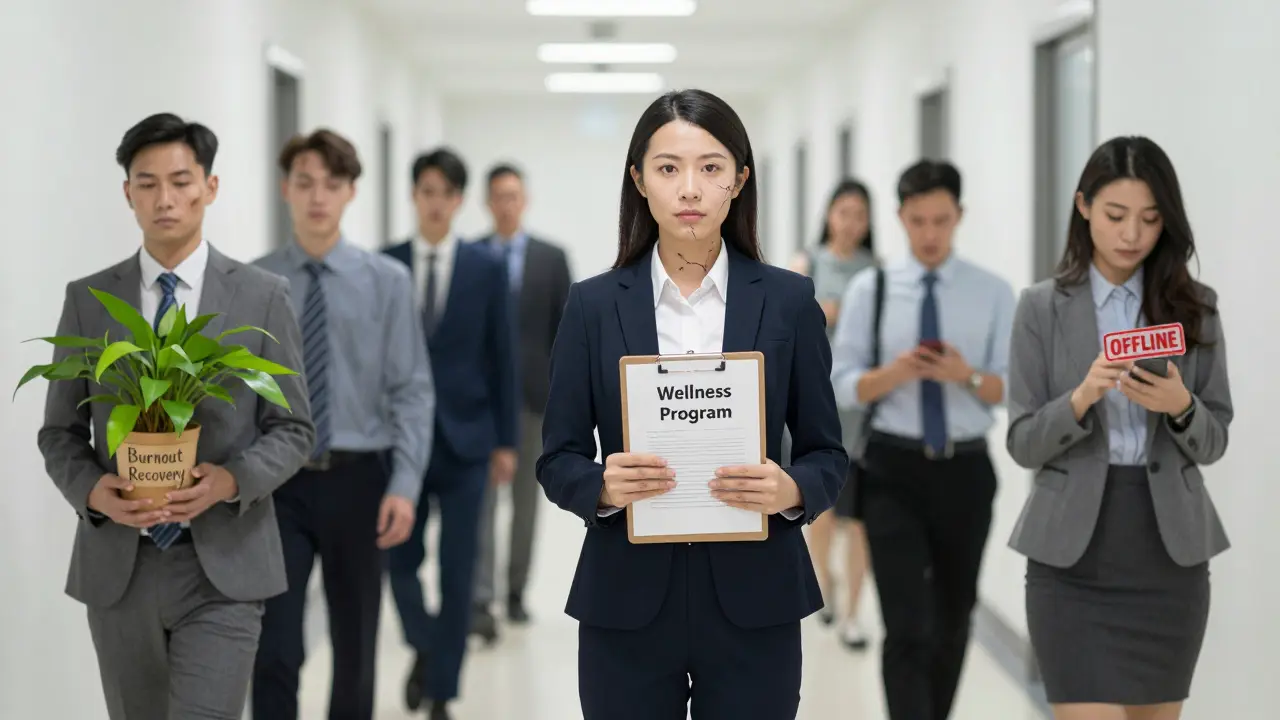 A manager holding a wellness clipboard while faceless employees walk past, one holding a wilted plant and another with a phone marked 'OFFLINE'.