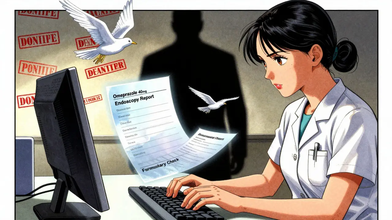 A medical assistant surrounded by flying documents as a bureaucrat looms behind her in a high-stress clinic scene.