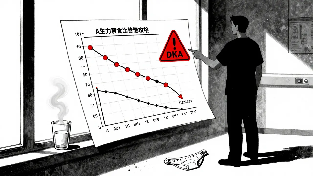 A medical chart showing improved health metrics with a warning symbol for diabetic ketoacidosis, beside a half-empty water glass and underwear.