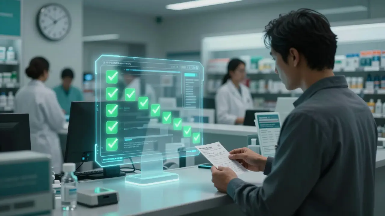 A patient at a pharmacy with an AI system auto-approving a generic drug, symbols of future efficiency surrounding them.