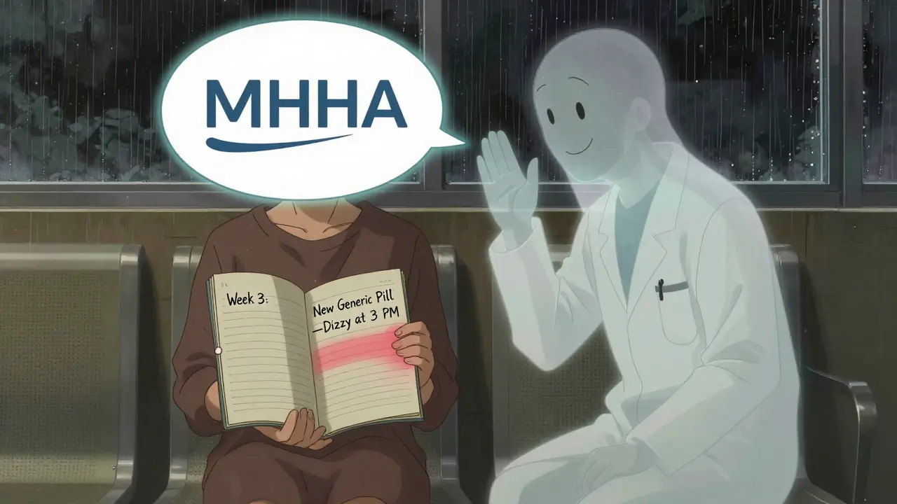 A patient logs symptoms at night as a ghostly pharmacist offers reassurance with an MHRA symbol.