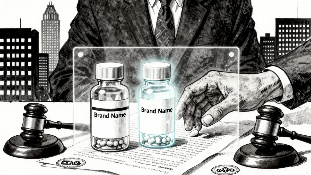 A patient reaching for a branded pill, blocked from generics by legal and regulatory barriers.