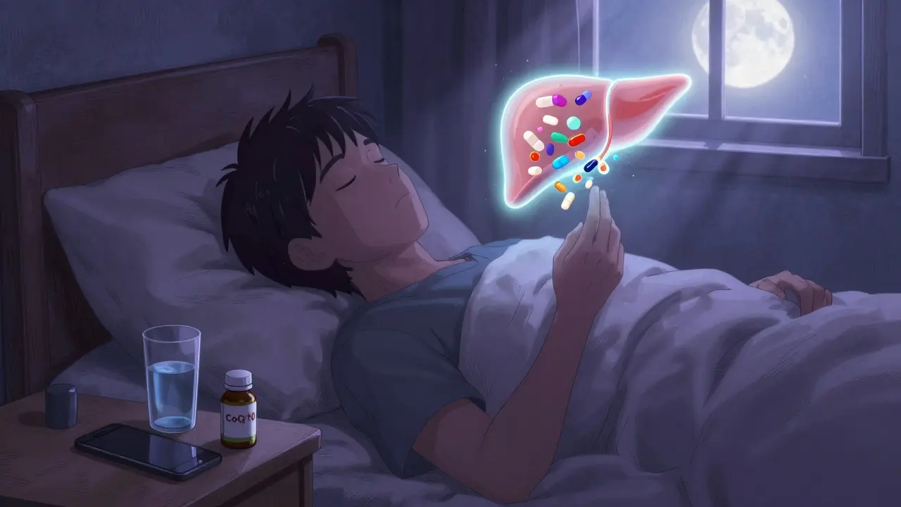 A person sleeping peacefully as a glowing liver processes medication molecules above them.