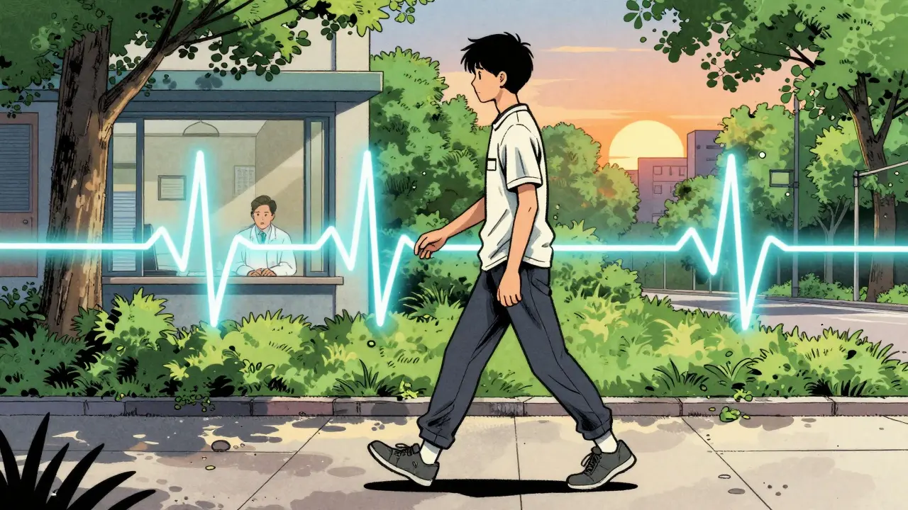 A person walking at dusk with glowing health metrics around them, symbolizing exercise benefits.