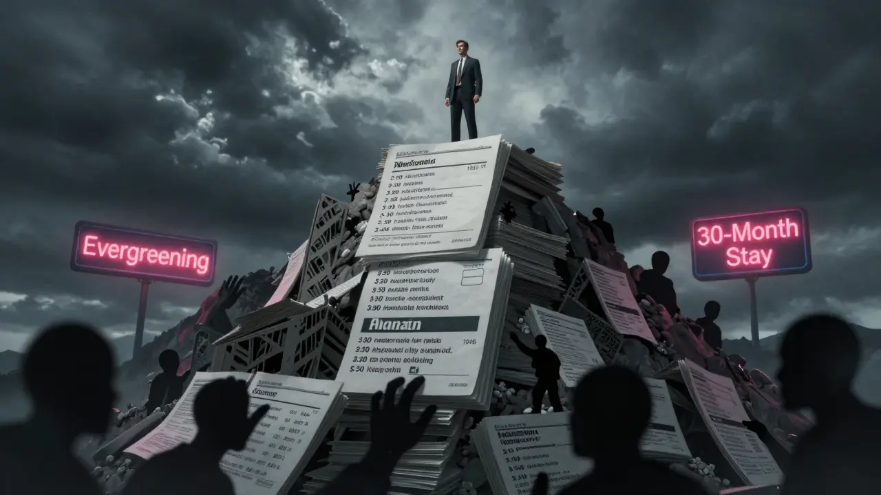 A pharmaceutical executive surrounded by secondary patents as generic drugs rise below.