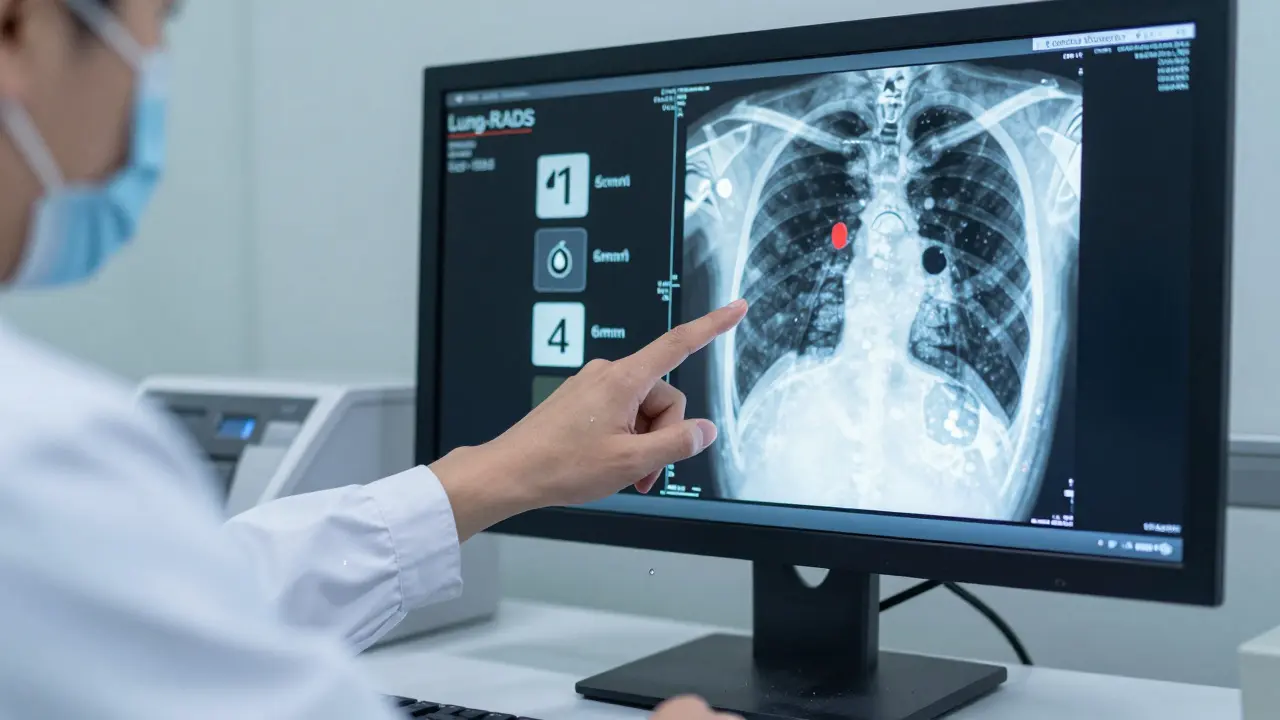 A radiologist points at a lung scan with a highlighted nodule, tears on the desk.