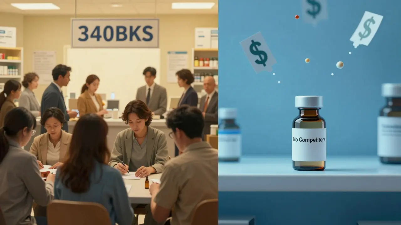 A split scene: warm clinic with patients receiving cheap generics versus a cold pharmacy shelf with one isolated drug vial.