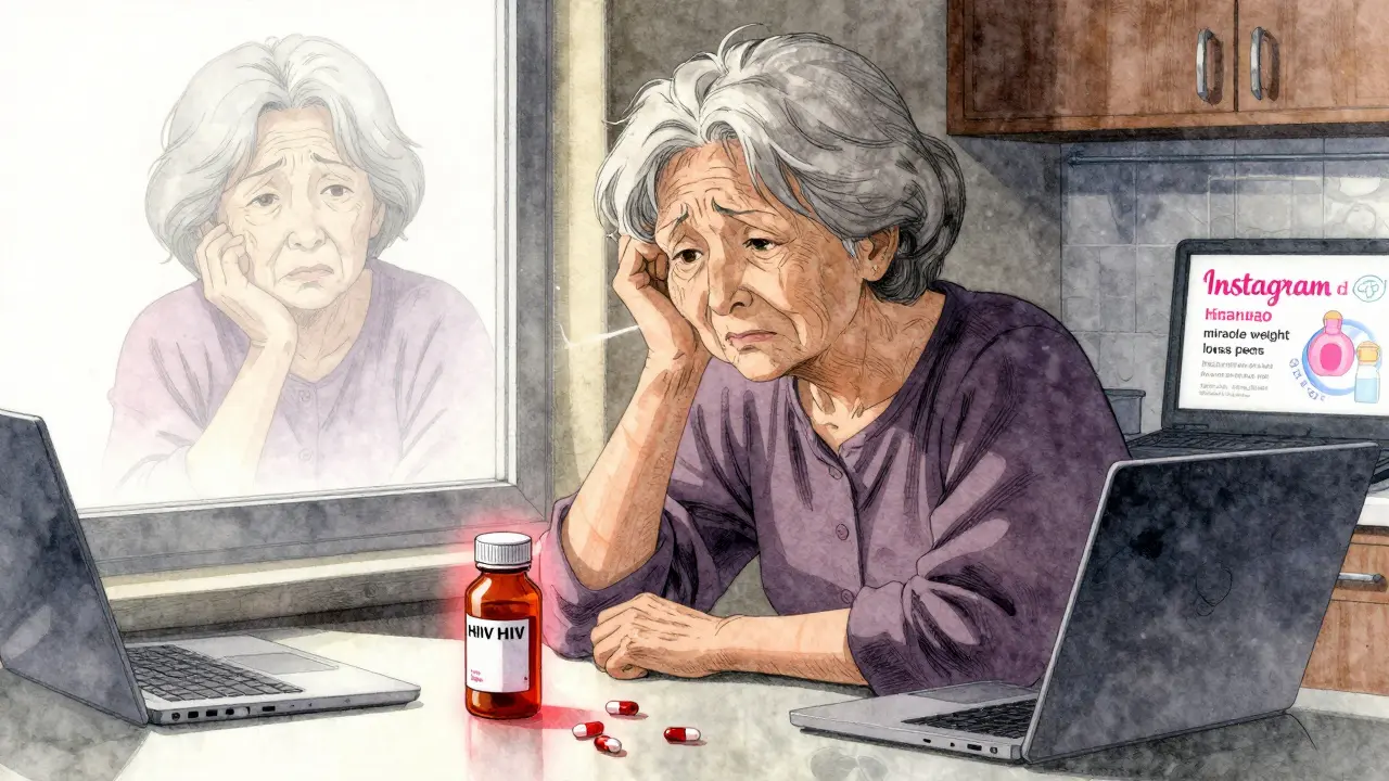 An elderly woman holding fake HIV medication, her reflection showing the trusted version she lost.