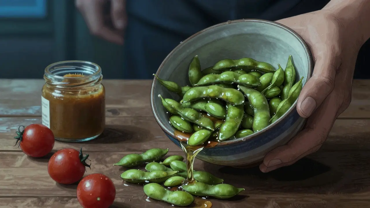 Chilled edamame and miso-topped tomatoes served on a wooden table with condensation on the bowl.