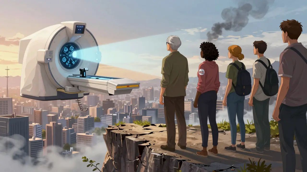 Diverse individuals stand at a cliff’s edge as a giant CT scanner hovers above, saving lives.