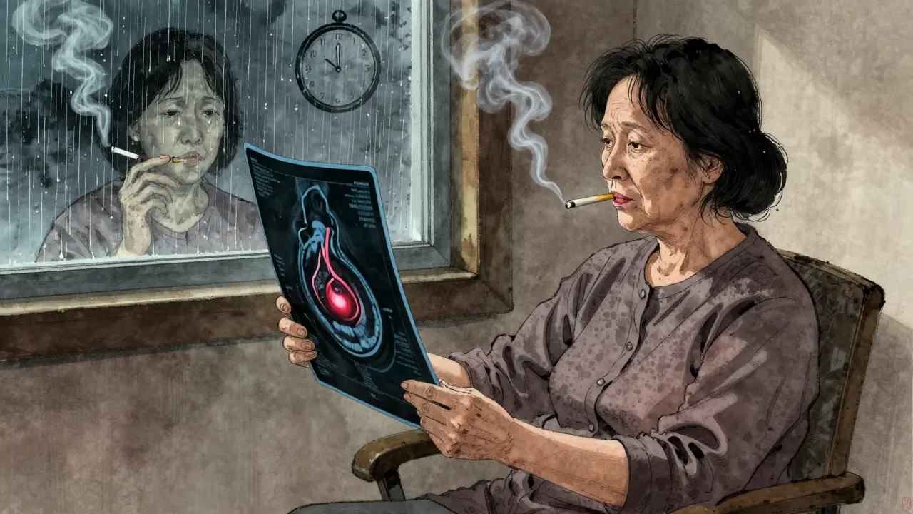 Elderly woman holding an MRA scan showing her aneurysm, smoke forming a clock, rain streaking the window in somber anime style.