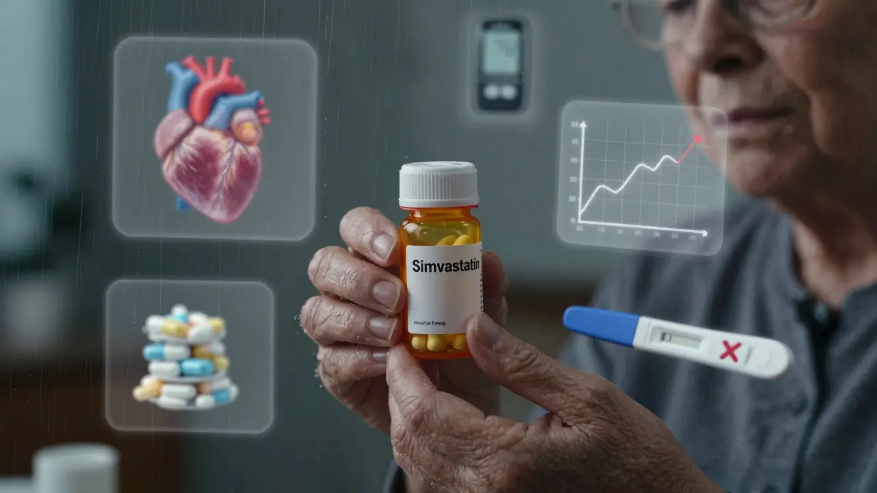 Elderly woman holding statin bottle, surrounded by floating images of heart, diabetes, meds, and pregnancy test under dim light.