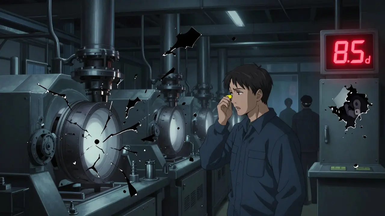 Factory workers in a noisy environment, sound cracks in the air and a flickering 85 dBA warning sign.