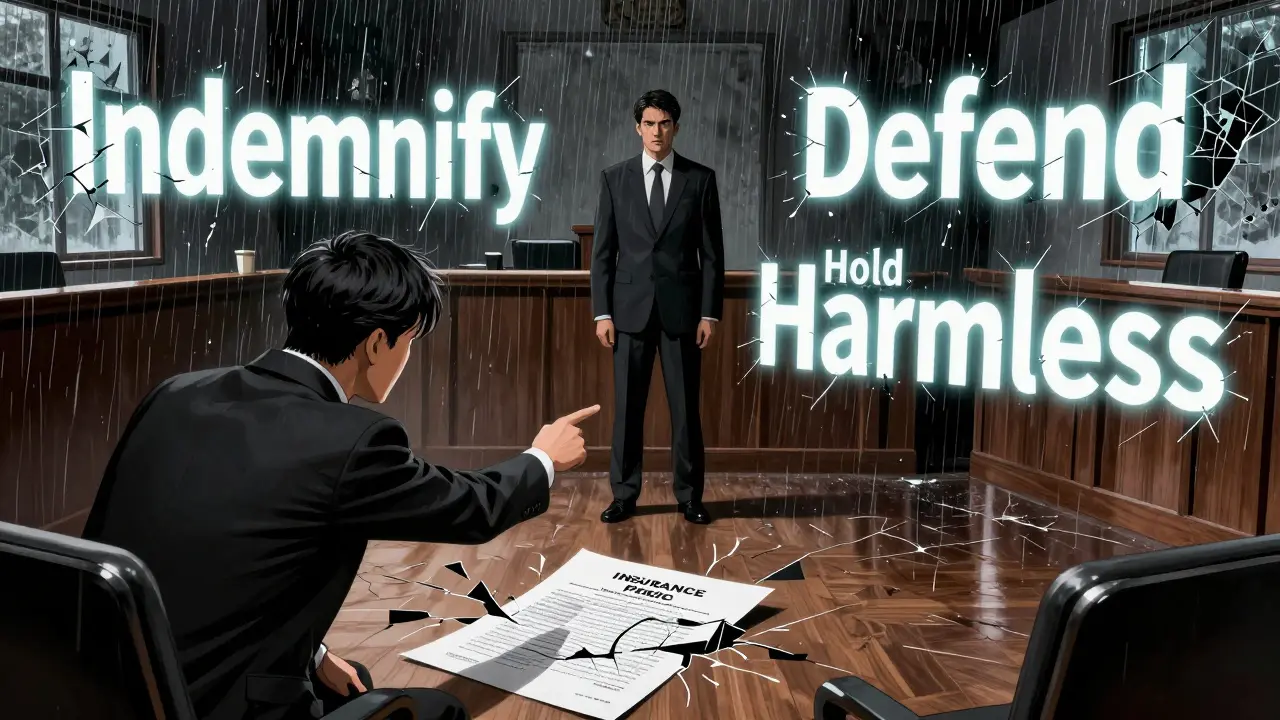 Lawyer pointing at shattered insurance policy amid floating legal terms in dramatic courtroom scene.