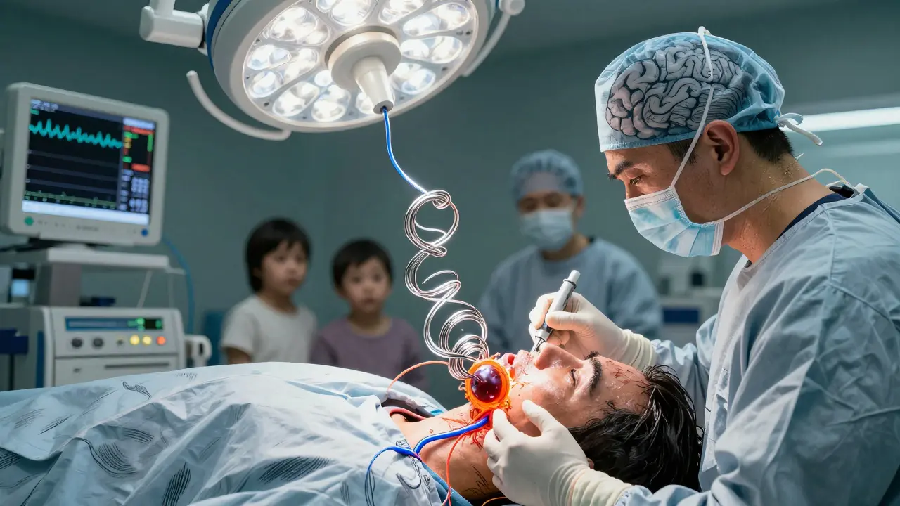Neurosurgeon inserting coils into a brain aneurysm via catheter, with glowing arteries and surgical lights in anime realism style.