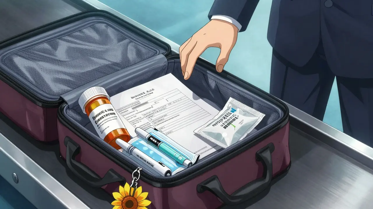 Open carry-on bag with prescription bottles, doctor’s letter, insulin pens, and sunflower lanyard at airport security.