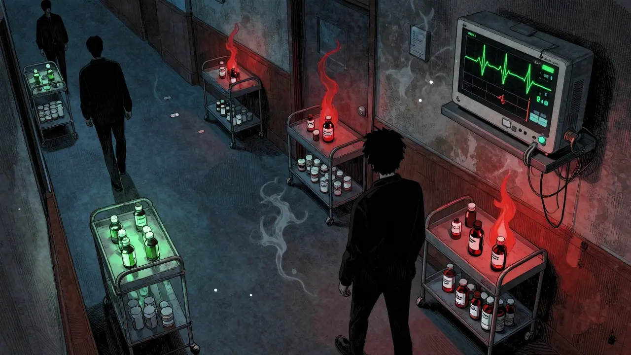 Overhead view of psychiatric ward hallway with medication carts glowing in red and green, one ECG showing normal rhythm.