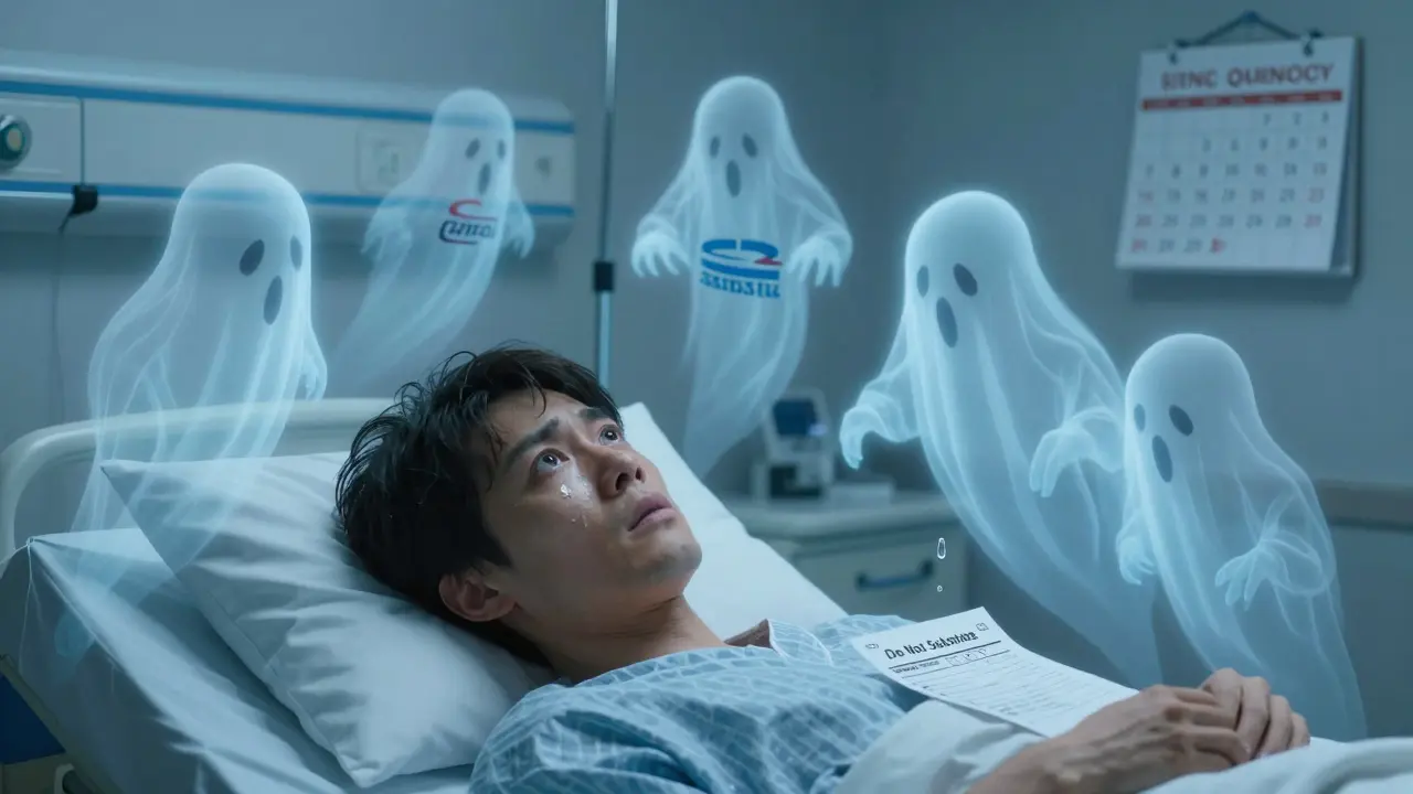 Patient in hospital bed haunted by ghostly generic drug labels, tear falling on prescription.