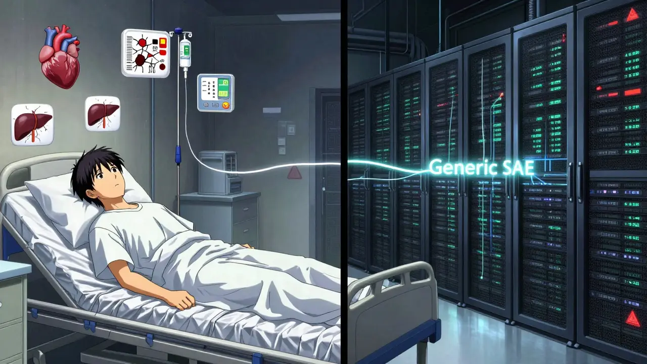 Patient in hospital bed with failing medical icons, contrasted with a fading data thread in a server room.