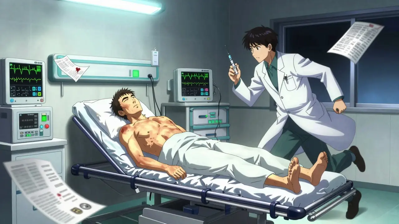 Patient with jaundiced skin in ER, monitors flashing irregular heart rhythm under harsh lights.