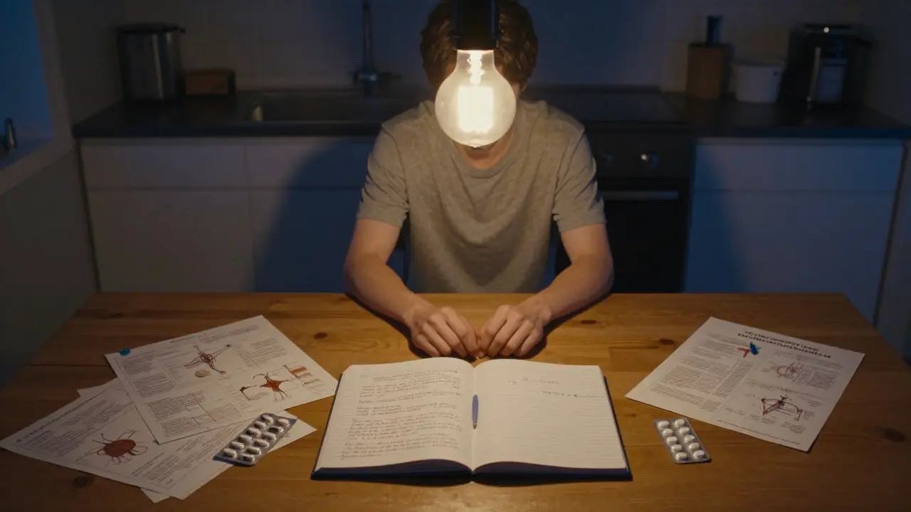 Person logging symptoms at kitchen table with two pills on opposite sides under a single bulb.