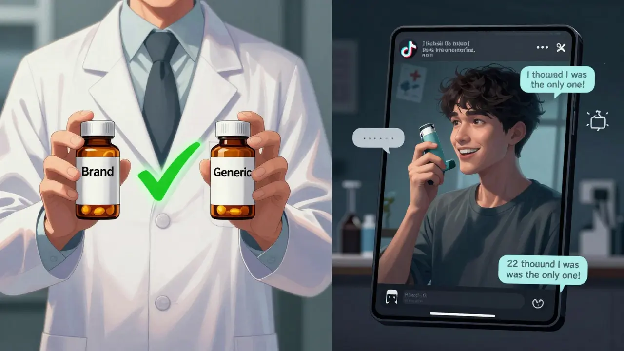 Pharmacist compares brand and generic pills while a TikTok video displays patient testimonials.