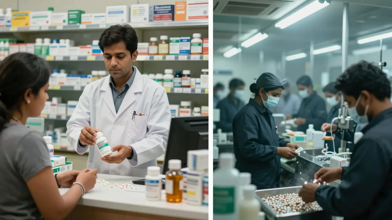 Pharmacist handing generic pill bottle while factory workers assemble pills in dim foreign facility.