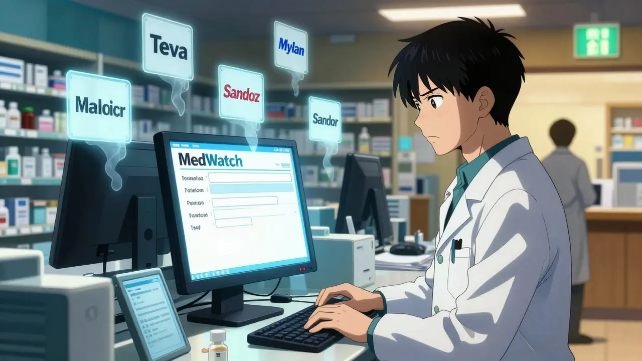 Pharmacist struggling to report a generic drug reaction with blank manufacturer field on screen.