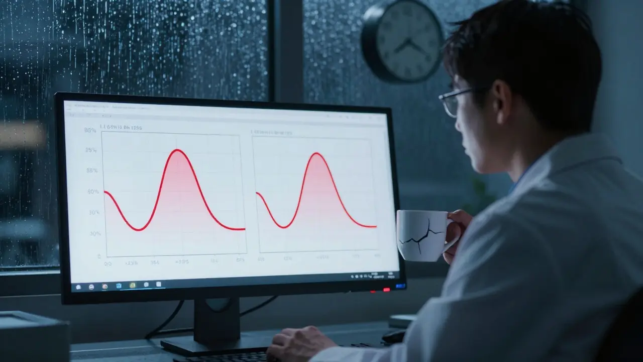 Pharmacologist watching drug curves on monitor at night, rain on window.